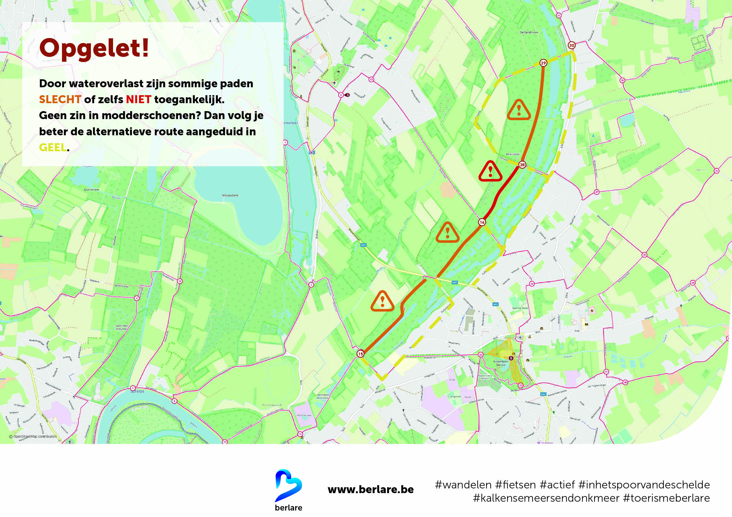 Overzichtsplan van minder en niet toegankelijke wandelpaden in Berlare Broekbos